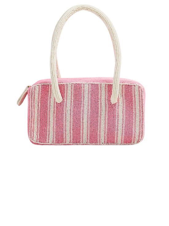 Anthropologie Handbags - Anthropologie Beaded Box Bag Pink Stripe Glass Bead Top Handle Mini Purse NWT